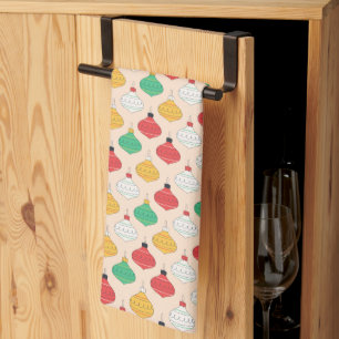 Retro Christmas Ornaments Pattern Tea Towel