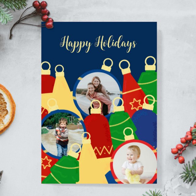 Retro Christmas ornaments Photo Holiday Card (Retro Christmas ornaments custom card with your photos. Personalize it with your text and images.)