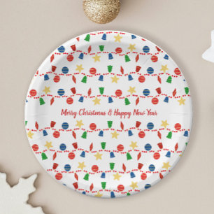 Retro Christmas ornaments with red garland Paper Plate