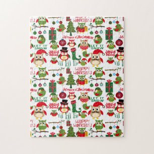 Retro Christmas Owl Pattern Jigsaw Puzzle