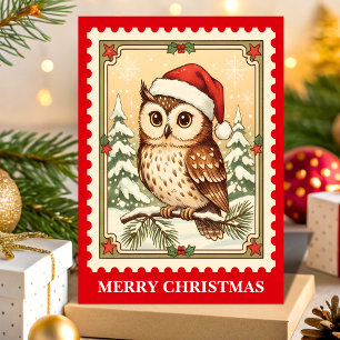 Retro Christmas Owl Postage Stamp Holiday Card