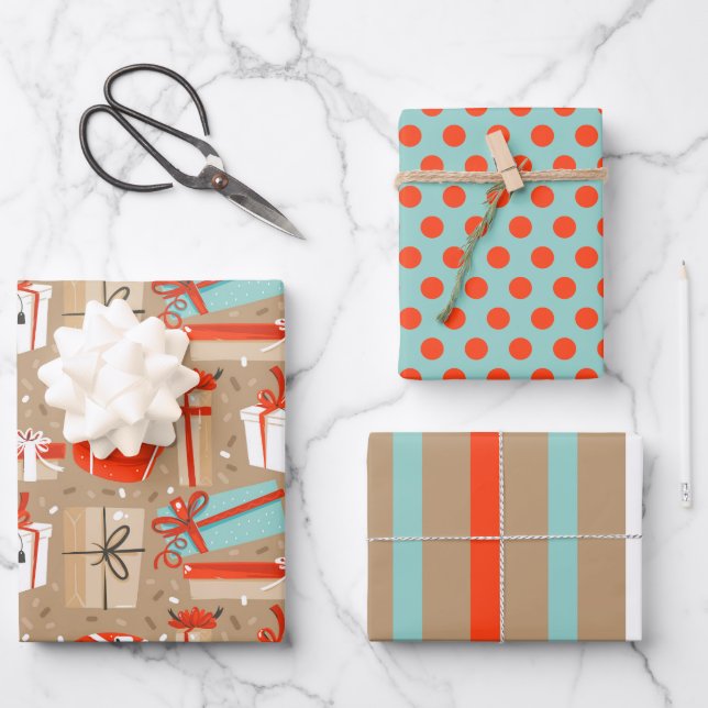 Retro Christmas Packages Wrapping Paper Set (Front)