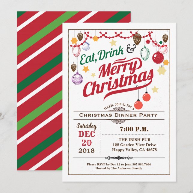 Retro Christmas party eat drink and be merry Invitation (Front/Back)