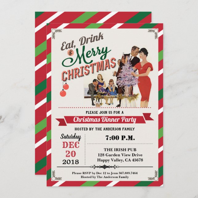Retro Christmas party housewarming open house Invitation (Front/Back)