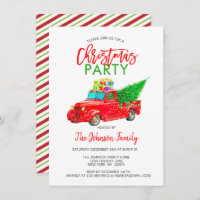 Retro Christmas Party Pick-up Truck Tree Red Green