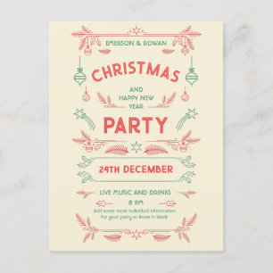 Retro Christmas Party Red & Green with Ornaments Postcard