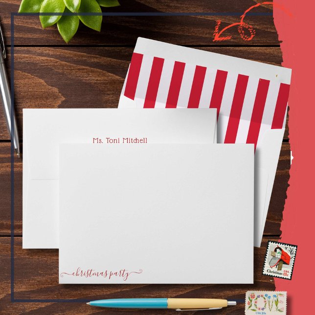 Retro Christmas Party Stripes Envelope (Christmas party envelope with inner red stripes. Pre-print return address)