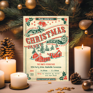 Retro Christmas Party Vintage Rustic Invitation