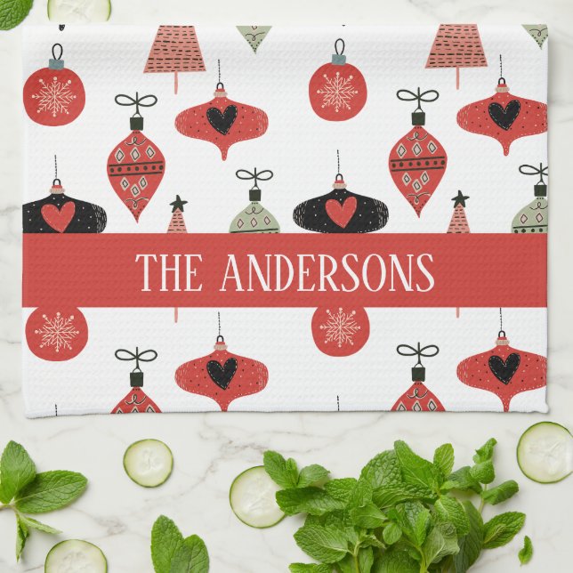 Retro Christmas Pattern Custom Family Name Tea Towel (Folded)