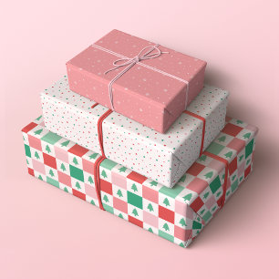Retro Christmas Patterns in Red, Pink and Green Wrapping Paper Sheet