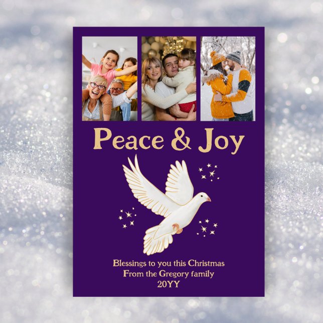 Retro Christmas Peace Joy Dove Purple Gold Photo  Holiday Card (Creator Uploaded)