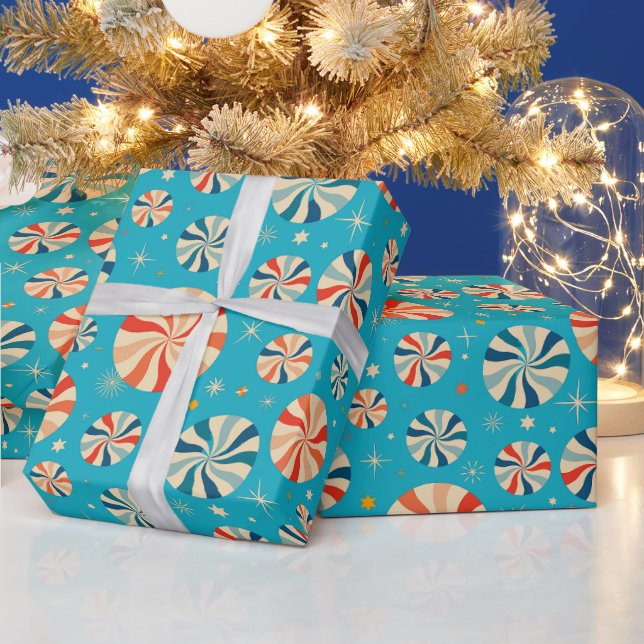 Retro Christmas Peppermint Candy Blue  Wrapping Paper (Holidays)