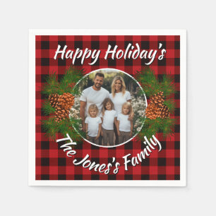 Retro Christmas personalised red plaid pinecones Napkin