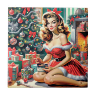 Retro Christmas Pin Up Ceramic Tile