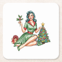 Retro Christmas Pin-Up Paper Coaster