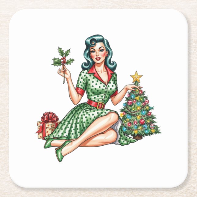 Retro Christmas Pin-Up Paper Coaster (Front)