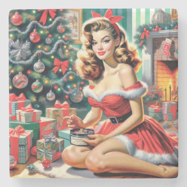 Retro Christmas Pin Up Stone Coaster (Front)