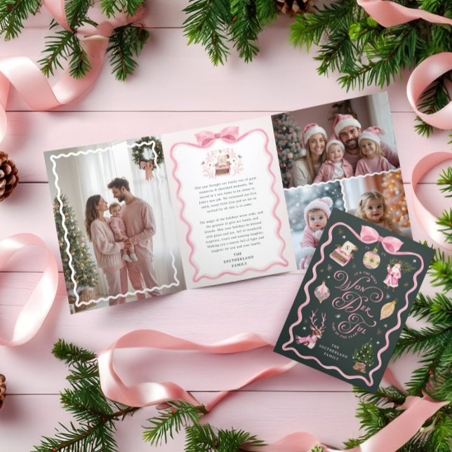 Retro Christmas Pink Ribbon Family Photo Gallery Tri-Fold Holiday Card (Retro Christmas Pink Ribbon Family Photo Gallery Tri-Fold Holiday Card)