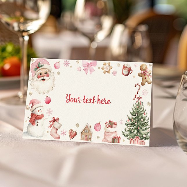Retro Christmas Pink Santa Birthday Food Tent Place Card (Creator Uploaded)