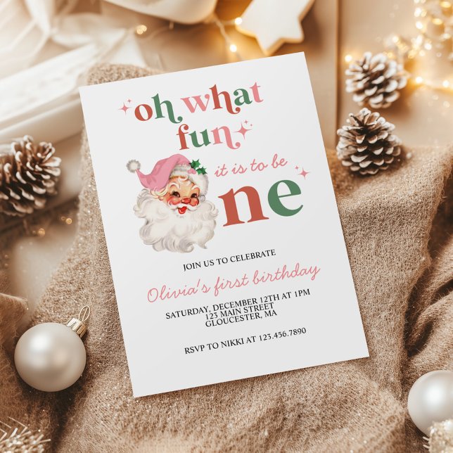 Retro Christmas pink Santa First Birthday Invitation (Creator Uploaded)
