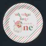 Retro Christmas pink Santa First Birthday Paper Plate<br><div class="desc">Retro Christmas Santa first birthday party with retro style pink santa and pink and red stripes. Oh what fun it is to be one!</div>