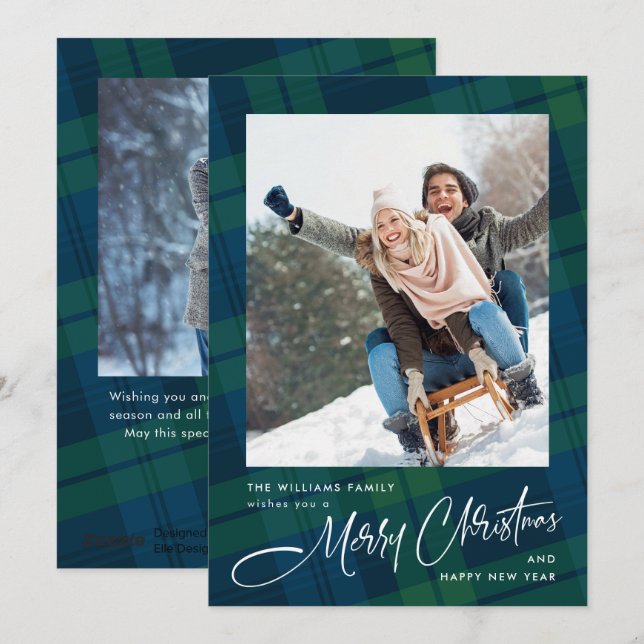 Retro Christmas Plaid 2 Photo Greeting Holiday Card (Front/Back)