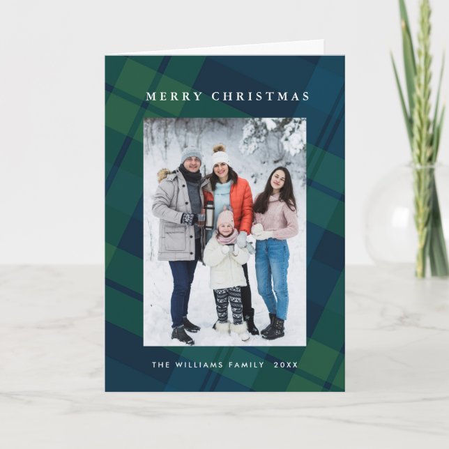 Retro Christmas Plaid 2 Photo Greeting Holiday Card (Front)