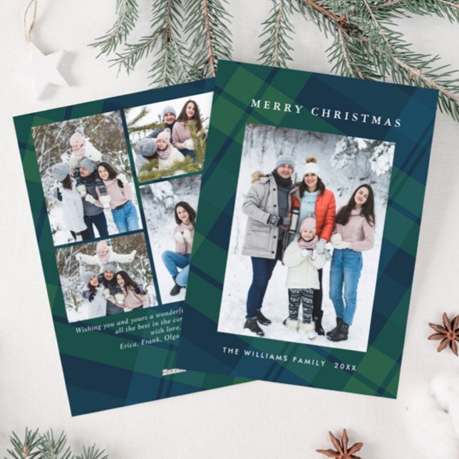 Retro Christmas Plaid 5 Photo Greeting Holiday Card (Creator Uploaded)