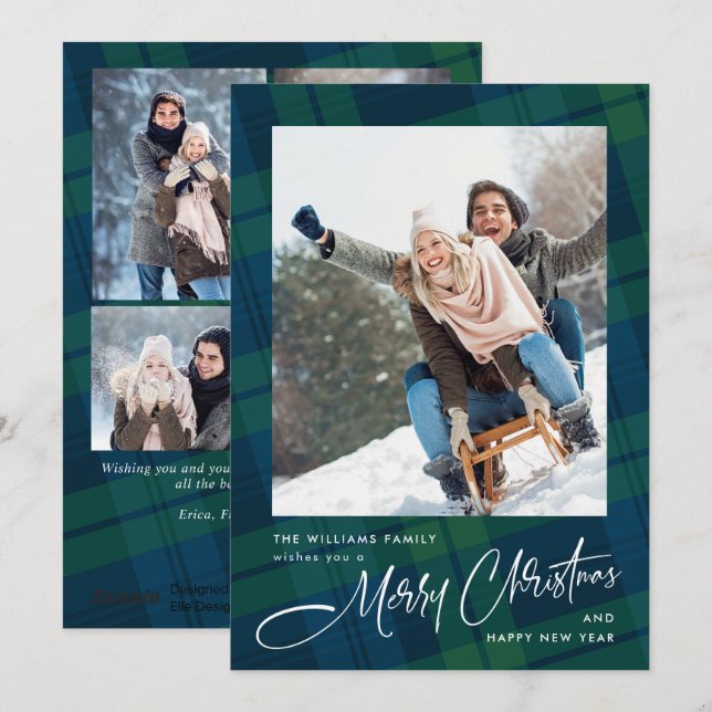Retro Christmas Plaid 5 Photo Greeting Holiday Card (Front/Back)