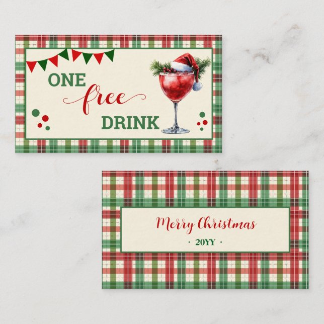 Retro Christmas Plaid Free Drink Party Ticket (Front/Back)