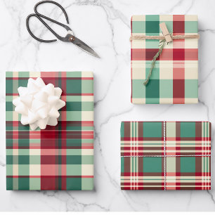 Retro Christmas Plaid in Red Cream and Green  Wrapping Paper Sheet