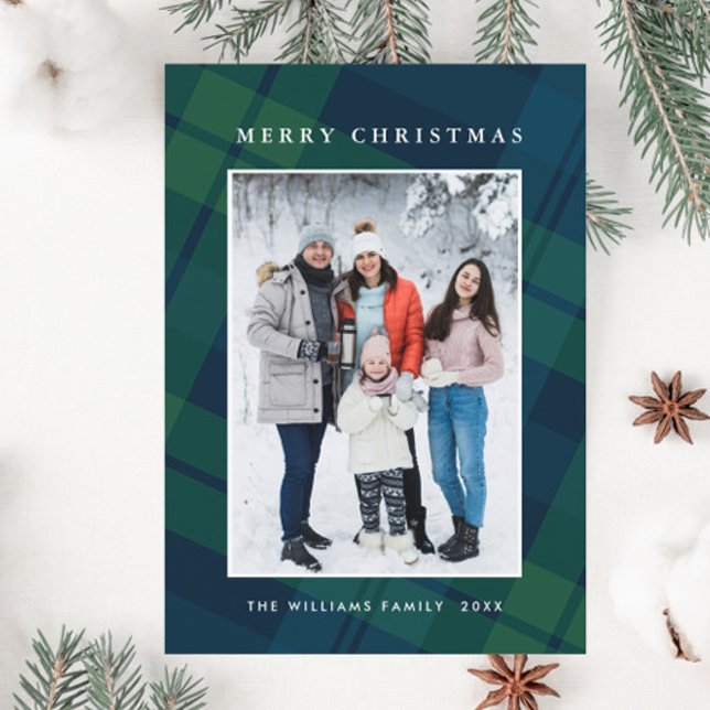 Retro Christmas Plaid One Photo Greeting Holiday Card (Creator Uploaded)