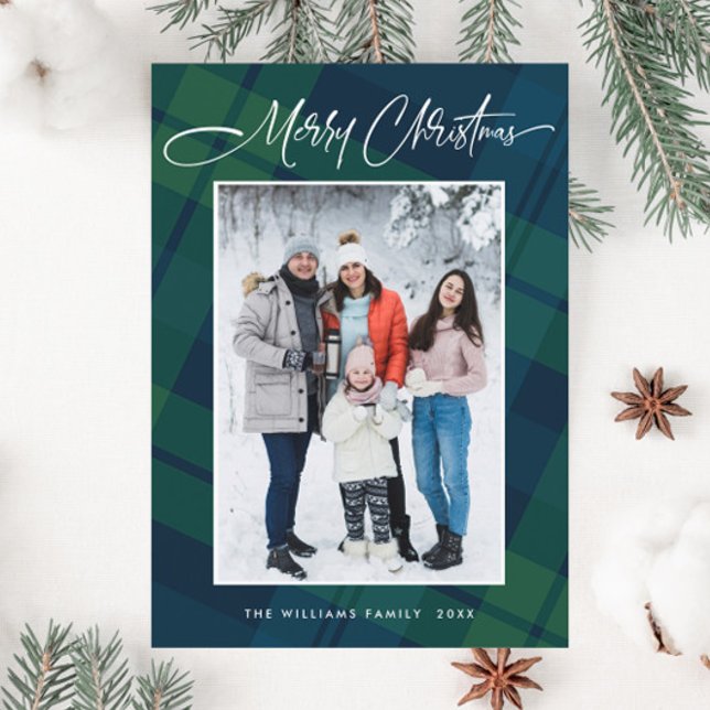 Retro Christmas Plaid One Photo Greeting Holiday Card (Creator Uploaded)