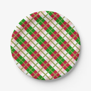 Retro Christmas Plaid Pattern Paper Plate