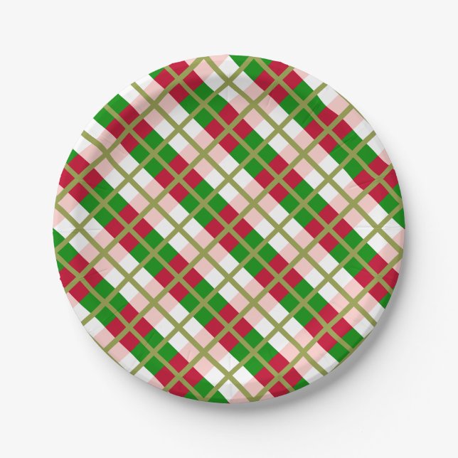 Retro Christmas Plaid Pattern Paper Plate (Front)