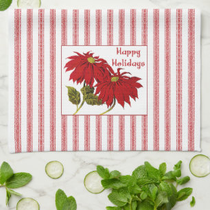 Retro Christmas Poinsettia red and white stripe Tea Towel