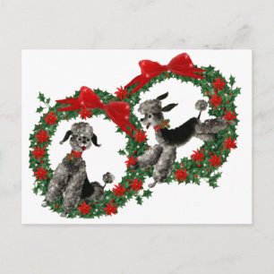 Retro Christmas Poodles in Wreaths Holiday Postcard
