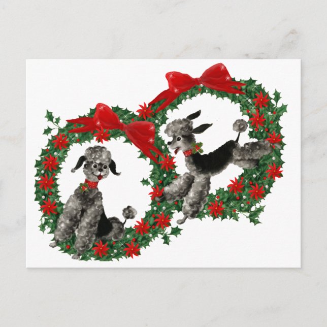 Retro Christmas Poodles in Wreaths Holiday Postcard (Front)