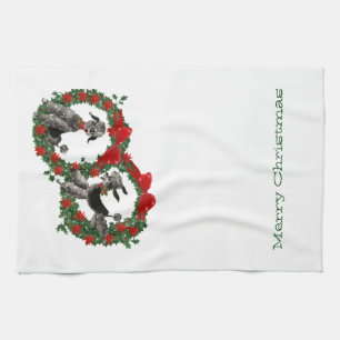 Retro Christmas Poodles in Wreaths Tea Towel