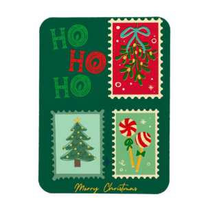 Retro Christmas Postage Card – Mistletoe, Tree & P Magnet