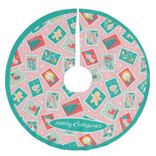 Retro Christmas Postage Stamps Brushed Polyester Tree Skirt