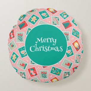 Retro Christmas Postage Stamps Round Cushion