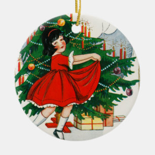 Retro Christmas Postcard, Child and Christmas Tree Ceramic Ornament