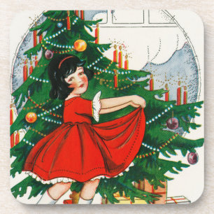 Retro Christmas Postcard, Child and Christmas Tree Coaster