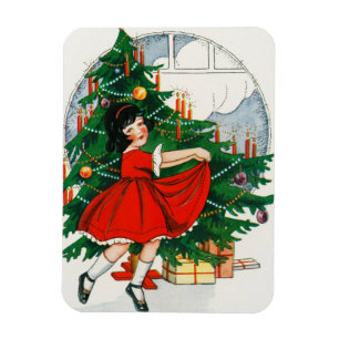 Retro Christmas Postcard, Child and Christmas Tree Magnet