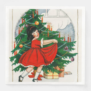 Retro Christmas Postcard, Child and Christmas Tree Napkin