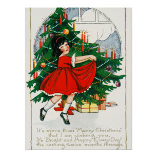 Retro Christmas Postcard, Child and Christmas Tree Poster