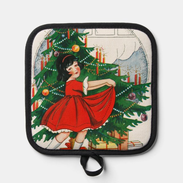 Retro Christmas Postcard, Child and Christmas Tree Pot Holder (Front)