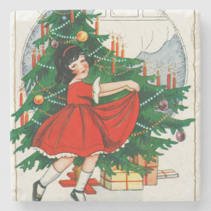 Retro Christmas Postcard, Child and Christmas Tree Stone Coaster