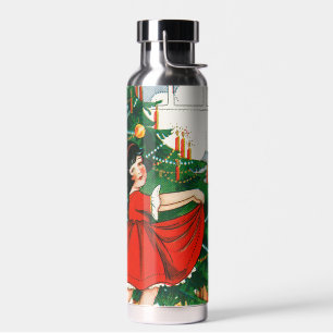 Retro Christmas Postcard, Child and Christmas Tree Water Bottle
